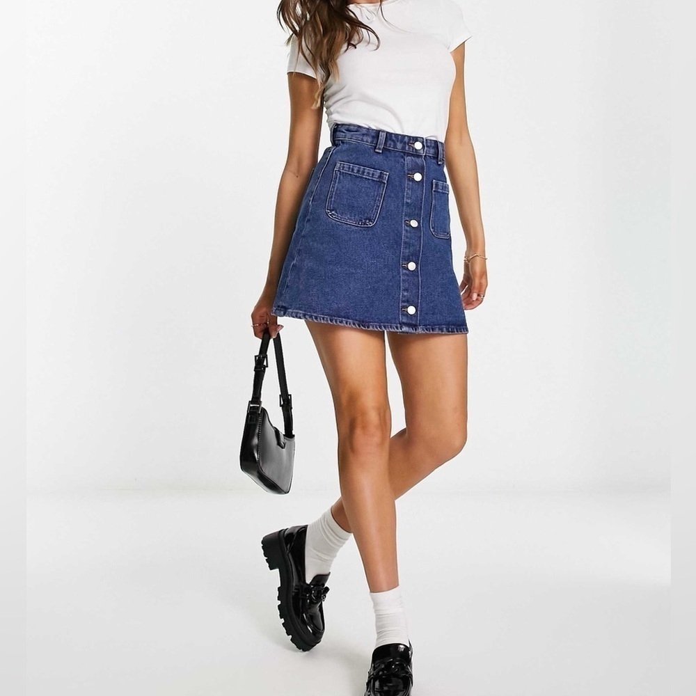 ASOS Monki denim button through mini skirt in mid-blue wash 38 /6